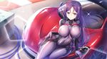  bangs bodystocking bodysuit breasts car commentary fate/grand_order fate_(series) ground_vehicle highres large_breasts long_hair looking_at_viewer mclaren mclaren_p1 minamoto_no_raikou_(fate/grand_order) motor_vehicle navel purple_eyes purple_hair shiny shiny_clothes smile solo very_long_hair zha_yu_bu_dong_hua 