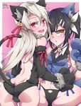  2017 2girls animal_ears ass back bare_shoulders bell black_hair black_panties blush breasts cat_ears cat_tail cowboy_shot dated elbow_gloves eyebrows_visible_through_hair falco_arrow fate/kaleid_liner_prisma_illya fate_(series) female gloves hair_bell hair_between_eyes illyasviel_von_einzbern leotard long_hair looking_at_viewer looking_back miyu_edelfelt multiple_girls navel open_mouth outside_border panties paws red_eyes shiny shiny_skin sitting spread_legs tail yellow_eyes 