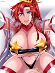  blue_eyes boudica_(fate/grand_order) breasts cleavage cosplay crown earrings fate/grand_order fate_(series) gloves highres huge_breasts jet_(pw3234) jewelry long_hair looking_at_viewer naughty_face navel partially_visible_vulva ponytail pov raised_eyebrow red_hair shiny shiny_skin smile solo_focus space_yoko straddling sweat tengen_toppa_gurren_lagann thick_thighs thighs white_gloves white_legwear yoko_littner yoko_littner_(cosplay) 