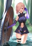  adjusting_hair arm_up armor armored_dress bare_shoulders breasts commentary_request day elbow_gloves fate/grand_order fate_(series) gloves hair_over_one_eye highres holding_shield legs_together looking_at_viewer mash_kyrielight medium_breasts navel open_mouth outdoors pink_hair purple_eyes purple_gloves saruchitan shield short_hair smile solo sunlight tree wading water 