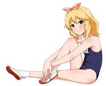  bare_arms bare_legs bare_shoulders blonde_hair blue_swimsuit blush closed_mouth competition_school_swimsuit crossed_legs eyebrows_visible_through_hair from_side full_body green_eyes hair_ribbon hairband hands_on_own_feet idolmaster idolmaster_cinderella_girls knee_up kneehighs looking_at_viewer looking_to_the_side name_tag one-piece_swimsuit pink_ribbon ribbon sakurai_momoka school_swimsuit shoes short_hair simple_background sitting smile solo stretch swimsuit udan uwabaki white_background white_footwear white_legwear 