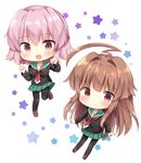  :d ahoge black_legwear blush brown_eyes brown_footwear brown_hair chibi eyebrows_visible_through_hair fang green_sailor_collar green_skirt hair_between_eyes highres huge_ahoge kantai_collection kuma_(kantai_collection) long_hair long_sleeves masayo_(gin_no_ame) multiple_girls neckerchief open_mouth pantyhose pink_hair pleated_skirt red_eyes red_neckwear sailor_collar shoes short_hair skirt smile star tama_(kantai_collection) white_background 