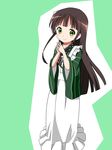  ama_usa_an_uniform apron bangs blunt_bangs blush brown_hair closed_mouth commentary_request eyebrows_visible_through_hair fingers_together flat_chest flower frilled_apron frills gochuumon_wa_usagi_desu_ka? green_eyes green_kimono hair_flower hair_ornament highres japanese_clothes kimono long_hair long_sleeves looking_at_viewer maid_apron mijinkoo pink_ribbon polka_dot_trim ribbon sidelocks smile solo standing striped striped_kimono two-tone_background ujimatsu_chiya white_apron white_flower wide_sleeves 