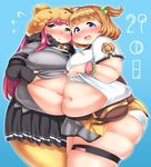  2girls bangs belly blue_background blue_eyes blush breasts brown_hair cowboy_shot fat female fusa_(starless2323) gloves green_eyes hasebe_shikiri hat large_breasts looking_at_viewer medium_breasts open_mouth pink_hair plump shinken!! simple_background skindentation standing thick_thighs thighs toushirou_atsumi twintails wide_hips yellow_legwear 