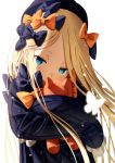  1girl abigail_williams_(fate/grand_order) absurdres bangs black_bow black_dress black_hat blonde_hair blue_eyes bow commentary_request covered_mouth dress fate/grand_order fate_(series) forehead hair_bow hat head_tilt highres long_hair long_sleeves looking_at_viewer object_hug orange_bow parted_bangs polka_dot polka_dot_bow print_bow sanbe_futoshi simple_background sleeves_past_fingers sleeves_past_wrists solo star star_print stuffed_animal stuffed_toy teddy_bear upper_body very_long_hair white_background 
