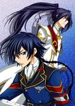  armband blue_eyes blue_hair braid code_geass code_geass:_boukoku_no_akito gloves hair_between_eyes hair_ribbon hand_on_sword highres hyuuga_akito long_hair military military_uniform multiple_girls parted_lips purple_ribbon ribbon shin_hyuuga_shaingu single_braid tsunoda_uei uniform very_long_hair white_gloves 