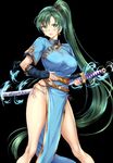  :o bangs bare_legs black_background black_gloves blue_dress blush breasts dress earrings elbow_gloves embarrassed fingerless_gloves fire_emblem fire_emblem:_rekka_no_ken gloves gorua_(youce01) green_eyes green_hair high_ponytail highres holding holding_sword holding_weapon jewelry large_breasts legs_apart light_particles long_hair looking_at_viewer lyndis_(fire_emblem) md5_mismatch open_mouth panties pelvic_curtain ponytail revision sheath sheathed short_sleeves side-tie_panties simple_background solo standing sword thighs underwear v-shaped_eyebrows very_long_hair visible_air weapon weapon_on_back 
