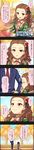  1girl 5koma brown_hair chair character_name cinderella_girls_gekijou comic curly_hair dress formal head_out_of_frame highres idolmaster idolmaster_cinderella_girls long_hair long_image official_art partially_translated producer_(idolmaster) red_eyes seki_hiromi suit tall_image translation_request 