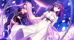  bare_shoulders black_dress black_legwear blindfold breasts collar covered_nipples detached_sleeves dress fate/stay_night fate_(series) fuyuki_(neigedhiver) holding holding_weapon long_hair looking_at_viewer matou_sakura medium_breasts multiple_girls night petals purple_eyes purple_hair rider thighhighs very_long_hair weapon white_dress 