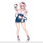  blush breasts full_body headphones hello_kitty highres large_breasts long_hair looking_at_viewer nitroplus official_art open_mouth pink_hair red_eyes shoes simple_background smile solo super_sonico text_focus thighhighs tsuji_santa white_background 
