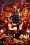  abandon_ranka autumn_leaves bridge crossed_legs gloves highres hood japanese_clothes leaf male_focus open_mouth oriental_umbrella partly_fingerless_gloves pom_pom_(clothes) sitting smile touken_ranbu tree tsurumaru_kuninaga umbrella white_hair yellow_eyes 