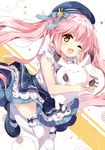  blush commentary_request frilled_sleeves frills long_hair looking_at_viewer mochizuki_shiina one_eye_closed open_mouth original pink_hair solo stuffed_toy white_legwear yellow_eyes 