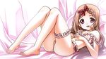  :d aoba_kokona ass barefoot brown_hair commentary_request full_body hair_ornament hair_ribbon hairclip hands_on_own_stomach highres leg_garter long_hair lying on_back open_mouth red_eyes ribbon senomoto_hisashi smile solo underwear underwear_only yama_no_susume 
