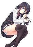  amashiro_natsuki asashio_(kantai_collection) black_hair black_legwear blue_eyes blue_panties collaboration commentary_request dress highres kantai_collection long_hair long_sleeves lying neck_ribbon on_side panties pinafore_dress red_ribbon remodel_(kantai_collection) ribbon school_uniform shirasawa_kazane simple_background solo thighhighs underwear white_background 