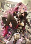  :d absurdres ammunition asymmetrical_clothes bad_id bad_pixiv_id boots bow breasts chain cinderella_(sinoalice) clock column commentary dual_wielding firearm gun hair_over_one_eye high_heel_boots high_heels highres holding large_breasts nomu_ra_nomu open_mouth pillar pink_hair purple_eyes side_ponytail sinoalice smile solo weapon 