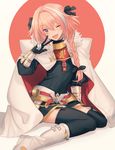  ;d armor astolfo_(fate) asuda bangs black_bow black_gloves black_legwear black_ribbon black_shirt boots bow braid buckle cloak commentary_request eyebrows_visible_through_hair fang fate/apocrypha fate_(series) faulds fur-trimmed_cloak fur_trim garter_straps gauntlets gloves hair_between_eyes hair_bow hair_intakes hair_over_shoulder hair_ribbon hand_up head_tilt knee_boots long_hair long_sleeves looking_at_viewer male_focus multicolored_hair one_eye_closed open_mouth otoko_no_ko pink_hair purple_eyes red_cloak ribbon shadow shirt single_braid sitting smile solo streaked_hair thighhighs w wariza white_background white_cloak white_footwear white_hair 