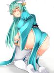  :d all_fours aqua_hair aqua_kimono ass bangs blush breasts brown_eyes eyebrows_visible_through_hair fate/grand_order fate_(series) from_behind hair_between_eyes highres horns japanese_clothes kimono kiyohime_(fate/grand_order) large_breasts long_hair long_sleeves looking_at_viewer looking_back no_shoes obi open_mouth parted_lips sabujiroko sash simple_background smile solo thighhighs thighhighs_pull white_background white_legwear wide_sleeves 