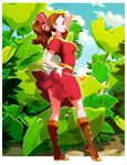  arrietty ass black_eyes boots brown_hair commentary dress full_body genzoman hair_ornament hairclip hand_in_hair hand_on_hip karigurashi_no_arrietty knee_boots leaf long_hair minigirl needle ponytail red_dress solo standing 