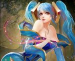  1girl bare_shoulders blue_eyes breasts dress female highres league_of_legends light_blue_hair lips lipstick long_hair makeup red_lipstick solo sona_buvelle twintails 