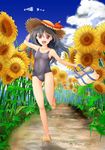  :d arm_up ass_visible_through_thighs bag black_hair black_swimsuit blush bottle child cloud collarbone covered_navel day flat_chest flower full_body groin hand_behind_head hat holding holding_bag leg_up long_hair one-piece_swimsuit open_mouth original outdoors path red_eyes road running sandals school_swimsuit sky smile solo sun_hat sunflower swimsuit tewo 
