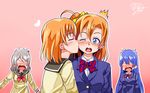  10s 4girls ahoge artist_signature blue_hair blush cheek_kiss crossover eyes_closed gradient_background grey_hair jindai3663 kiss kousaka_honoka long_hair love_live! love_live!_school_idol_project love_live!_sunshine!! multiple_girls no_eyes one_eye_closed open_mouth orange_hair pink_background school_uniform short_hair side_ponytail simple_background sonoda_umi standing surprised takami_chika watanabe_you yuri 