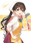  :d apron aqua_neckwear black_hair bow bowtie dress fang hiiragi_souren holding kantai_collection ladle long_hair multicolored_hair naganami_(kantai_collection) open_mouth pink_hair purple_dress shirt sleeveless smile solo white_shirt yellow_apron yellow_eyes 