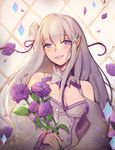  :d anntan blue_eyes breasts emilia_(re:zero) flower hair_ornament holding holding_flower indoors long_hair medium_breasts open_mouth parted_lips petals re:zero_kara_hajimeru_isekai_seikatsu silver_hair smile standing wide_sleeves x_hair_ornament 