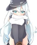  black_hat black_legwear black_skirt blue_eyes brown_footwear flat_cap hair_between_eyes hat hibiki_(kantai_collection) kantai_collection long_hair long_sleeves rateratte school_uniform serafuku shoes silver_hair simple_background skirt solo thighhighs white_background 