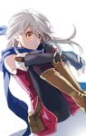  2900cm bare_shoulders black_legwear blue_scarf fire_emblem fire_emblem:_akatsuki_no_megami gloves hair_ribbon long_hair looking_at_viewer micaiah pantyhose ribbon scarf silver_hair sleeveless solo yellow_eyes 