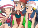  ;) black_shirt blue_eyes blue_hair blush brown_eyes brown_hair collarbone day eyebrows_visible_through_hair grass hair_between_eyes haruka_(pokemon) hat hikari_(pokemon) kotone_(pokemon) long_hair looking_at_viewer multiple_girls one_eye_closed outdoors parted_lips pokemon pokemon_(anime) red_hat red_shirt shirt short_sleeves sitting skirt sleeveless sleeveless_shirt smile suspender_skirt suspenders white_hat y@mato 