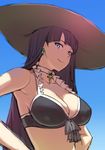  armpits bangs bare_arms bare_shoulders bikini black_bikini blue_sky blunt_bangs bow breasts brown_hat choker cleavage closed_mouth collarbone cross day earrings emoto_reishi eyebrows_visible_through_hair fate/grand_order fate_(series) frilled_bikini frills front-tie_bikini front-tie_top grey_bow hands_on_hips hat highres hoop_earrings jewelry large_breasts lavender_eyes long_hair looking_at_viewer outdoors purple_hair saint_martha saint_martha_(swimsuit_ruler)_(fate) sky smile solo straight_hair sun_hat swimsuit upper_body very_long_hair white_choker 