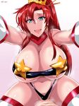  blue_eyes boudica_(fate/grand_order) bouncing_breasts breasts cleavage cosplay crown earrings fate/grand_order fate_(series) gloves highres huge_breasts jet_(pw3234) jewelry long_hair looking_at_viewer naughty_face navel partially_visible_vulva pink_background ponytail pov raised_eyebrow red_hair shiny shiny_skin smile solo_focus space_yoko straddling sweat tengen_toppa_gurren_lagann thick_thighs thighs white_gloves white_legwear yoko_littner yoko_littner_(cosplay) 