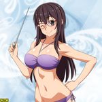  ;) armpits bangs bare_arms bare_shoulders bikini black_eyes blue_background blush breasts brown_hair cleavage closed_mouth collarbone eyebrows_visible_through_hair glasses halterneck hand_on_hip large_breasts long_hair looking_at_viewer navel omc one_eye_closed pointer purple_bikini ra-pen red-framed_eyewear side-tie_bikini smile solo stomach swimsuit upper_body 