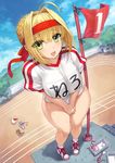  ahoge bandana bangs banner blonde_hair blush bottomless braid breast_squeeze breasts buruma cat clothes_theft clothes_writing commentary covering covering_crotch day eyebrows_visible_through_hair eyes_visible_through_hair fate_(series) flag full_body green_eyes gym_uniform hair_intakes large_breasts looking_at_viewer mogudan name_tag nero_claudius_(fate) nero_claudius_(fate)_(all) olympian_bloomers open_mouth outdoors puffy_short_sleeves puffy_sleeves short_hair short_sleeves smile solo standing theft track_and_field 
