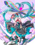  anniversary aqua_eyes aqua_hair bangs character_name commentary_request dress full_body gloves grin hatsune_miku high_heels long_hair ne-on one_eye_closed purple_background rainbow sandals smile solo speaker strapless strapless_dress twintails very_long_hair vocaloid white_gloves 