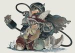  1other :3 animal_ears brown_eyes cape commentary_request ears_through_headwear ebimomo facial_mark flower furry hat helmet made_in_abyss mechanical_arm mitty_(made_in_abyss) nanachi_(made_in_abyss) regu_(made_in_abyss) sidelocks sitting white_hair 