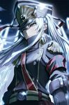  altair_(re:creators) armband belt blue_eyes closed_mouth double-breasted epaulettes from_below frown gauntlets glowing hat hyury long_hair looking_at_viewer looking_down military military_uniform multicolored multicolored_eyes night peaked_cap pursed_lips re:creators red_eyes sash shako_cap shiny sidelocks silver_hair solo twintails uniform upper_body 