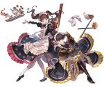 apron boots brown_hair claudia_(granblue_fantasy) cross-laced_footwear cup dorothy_(granblue_fantasy) dress flamethrower full_body gauntlets granblue_fantasy hair_bun holding juliet_sleeves lace-up_boots lavender_eyes long_hair long_sleeves looking_at_viewer maid maid_apron maid_headdress mary_janes minaba_hideo multiple_girls official_art one_knee open_mouth pantyhose pastry puffy_long_sleeves puffy_sleeves shoes short_hair smile teacup teapot thighhighs transparent_background twintails underbust weapon white_apron white_legwear 
