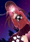  arm_at_side arm_up bangs braid checkered dutch_angle flower long_hair long_sleeves looking_at_viewer madotsuki masato_hiro night one_eye_closed pink_shirt pleated_skirt purple_skirt shirt skirt skyline smelling standing sweater wide_sleeves yume_nikki 