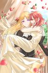  2girls alternate_costume blonde_hair bouquet breasts couple curtains dress eyes_closed flower gloves happy izetta izetta_(shuumatsu_no_izetta) long_hair looking_at_another marriage multiple_girls ortfine_fredericka_von_eylstadt princess_carry purple_eyes red_hair short_hair shuumatsu_no_izetta smile suit tuxedo wedding wife_and_wife yuri 