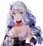  1girl alternate_costume alternate_hairstyle amethyst_(gemstone) bangs black_scrunchie blunt_bangs blush breasts choker cleavage closed_mouth collarbone dress earrings facial_mark floating_hair flower girls_frontline gloves green_eyes hair_flower hair_ornament hair_scrunchie hairband hand_up hk416_(girls_frontline) jewelry lace lace_choker large_breasts layered_dress long_hair looking_at_viewer multi-tied_hair pendant purple_gloves scrunchie sidelocks silence_girl silver_hair simple_background solo strapless strapless_dress teardrop very_long_hair white_background white_flower white_hairband 