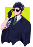  ahoge black_gloves black_hair command_spell fate/zero fate_(series) gloves green_neckwear jacket_on_shoulders lancer_(fate/zero) male_focus necktie rankaku_(dandanzi123) solo sparkle sunglasses vest waistcoat 