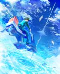  above_clouds aircraft blue blue_jacket blue_pants blue_sky cloud cloudy_sky commentary_request day floating_city flying from_side giant_tree hat jacket kaitan letter long_sleeves mailman male_focus original outdoors pants riding scenery science_fiction shoes sky solo tower vortex 