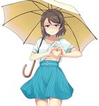  alternate_costume blue_eyes blue_skirt breasts brown_hair commentary_request heart heart-shaped_boob_challenge heart_hands highres holding holding_umbrella looking_at_viewer love_live! love_live!_sunshine!! medium_breasts nanotsuki short_hair simple_background skirt solo umbrella watanabe_you white_background 