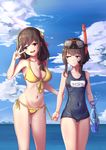 :d :t arm_grab artist_name ass_visible_through_thighs bikini black_hair blush bow braid breasts brown_hair character_name closed_mouth cloud commentary_request covered_navel day goggles goggles_on_head hair_bow head_tilt highres holding j.xh kono_subarashii_sekai_ni_shukufuku_wo! large_breasts lens_flare long_hair looking_at_another megumin multiple_girls navel one-piece_swimsuit open_mouth outdoors red_bow red_eyes school_swimsuit short_hair_with_long_locks side-tie_bikini signature sky small_breasts smile snorkel standing string_pull swimsuit thigh_gap v-shaped_eyebrows v_over_eye water water_gun yellow_bikini yunyun_(konosuba) 