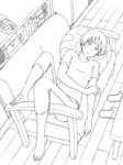  1girl barefoot couch feet gake_no_ue_no_ponyo jas looking_at_viewer lying monochrome risa_(ponyo) shoes_removed short_hair slippers smile toes 