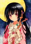 bangs black_hair blush bow bowtie branch closed_mouth eyebrows_visible_through_hair holding houraisan_kaguya jeweled_branch_of_hourai long_sleeves looking_at_viewer qqqrinkappp red_eyes sample smile solo touhou traditional_media upper_body white_bow white_neckwear 