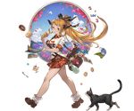  animal bag blonde_hair blue_sky bow bowtie breasts candy cat cloud doughnut draph flower food full_body glasses granblue_fantasy green_eyes hair_ornament holding horn ice_cream large_breasts long_hair looking_at_viewer map minaba_hideo official_art parted_lips pleated_skirt pointy_ears ponytail pudding sarya_(granblue_fantasy) shirt shoes short_sleeves skirt sky smile spoon transparent_background 