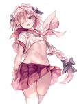  astolfo_(fate) bow braid commentary fate/apocrypha fate/grand_order fate_(series) hair_bow iijima_masashi long_hair male_focus navel neckerchief one_eye_closed open_mouth otoko_no_ko pink_hair pleated_skirt purple_eyes school_uniform serafuku skirt solo thighhighs white_background wind wind_lift 