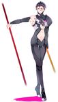  ahoge black_hair collar copyright_request dual_wielding fate/zero fate_(series) gae_buidhe gae_dearg highres holding lancer_(fate/zero) male_focus midriff mole mole_under_eye navel polearm rankaku_(dandanzi123) single_pauldron solo spear weapon 